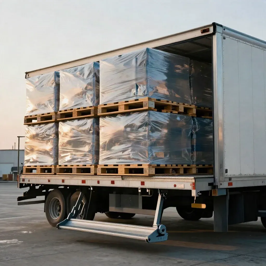 Loaded trailer at dock as the leveler drops away, seen low and close through cold haze