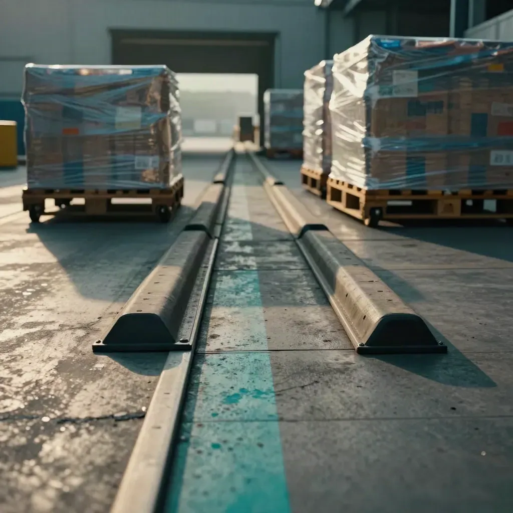 Cross-dock pallets rolling through split lanes under dramatic warehouse light