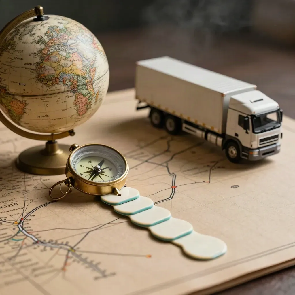 Freight route-planning tools with globe, compass, lane chips, and model truck on a grid mat