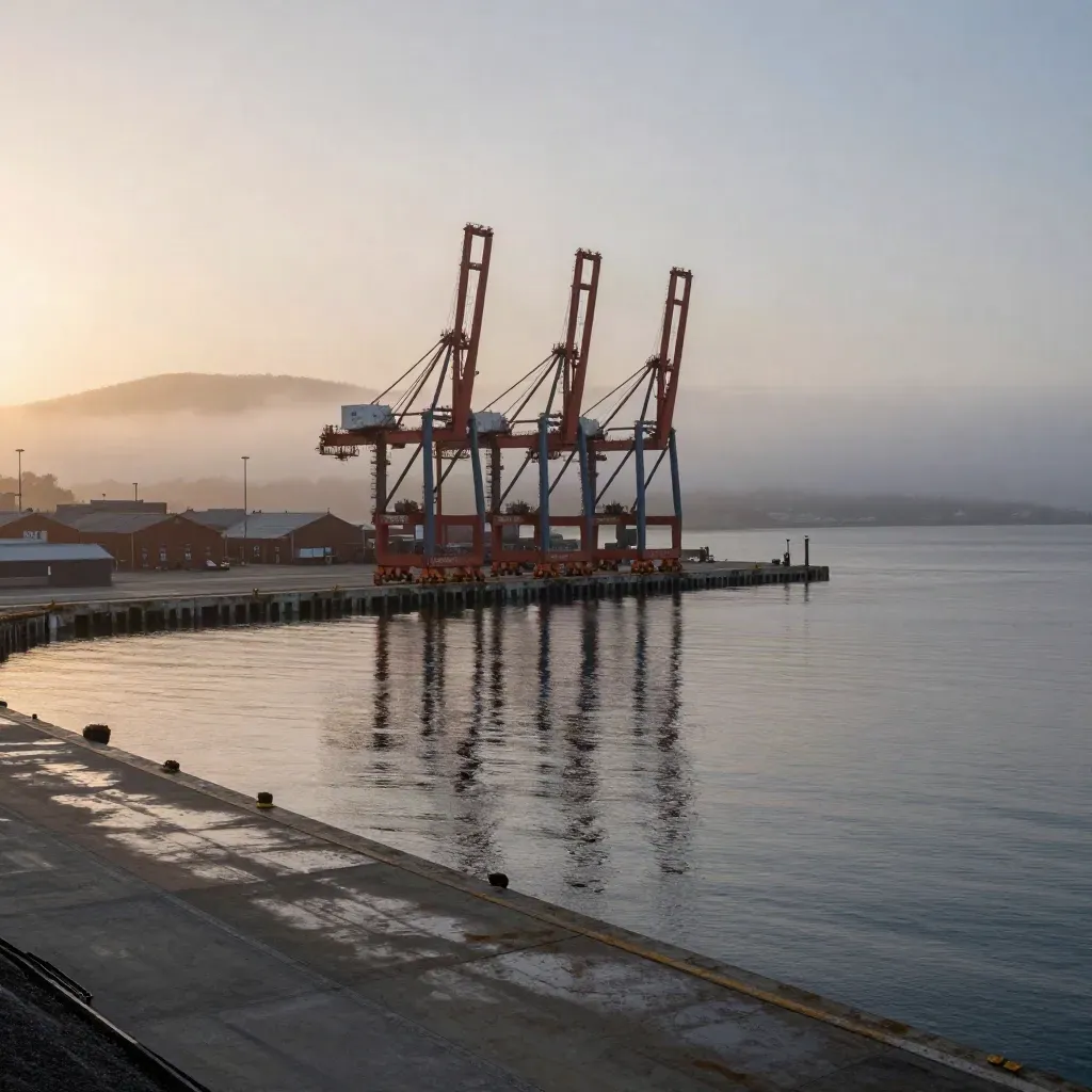 West Coast port cranes above a still foggy harbor at dusk