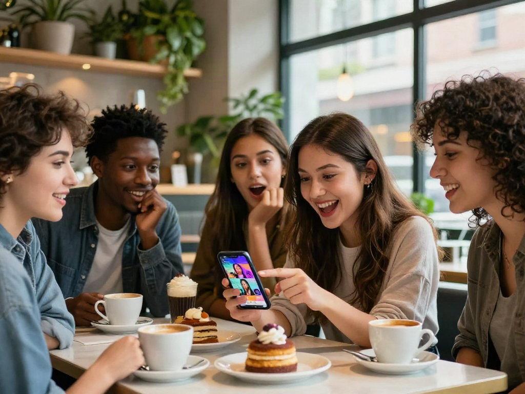Friends using an app to find out who they look like celebrities at a trendy cafe